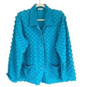 B6 Vintage Focus USA Textured Bobble Knit Button Up Cardigan Jacket Blue M‎